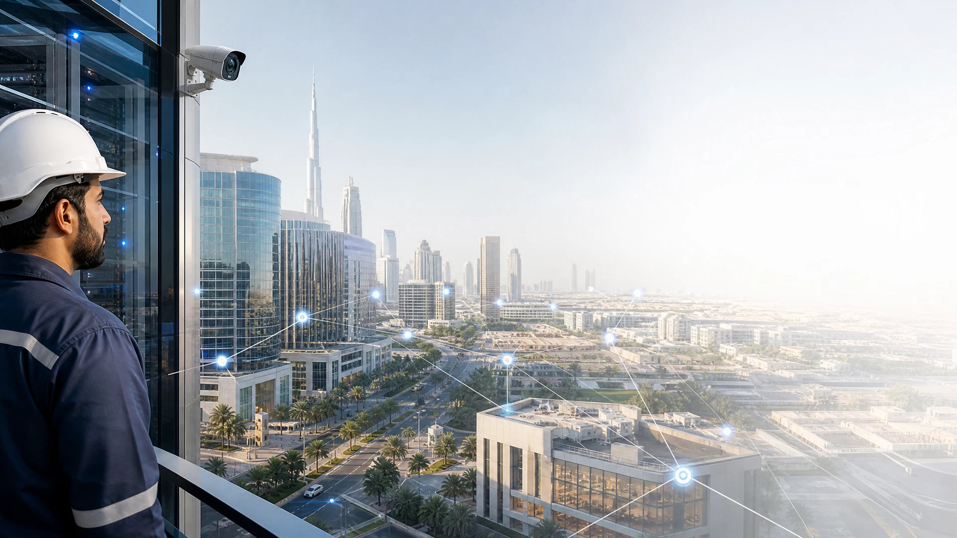 Engineer overlooking the Dubai skyline through a glass window, CCTV camera mounted on the building
